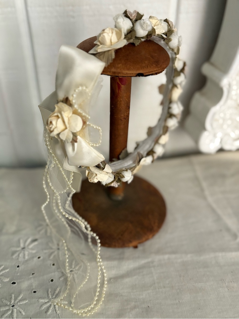 Vintage-Inspired Ivory Floral Headband with Pearls Kid size